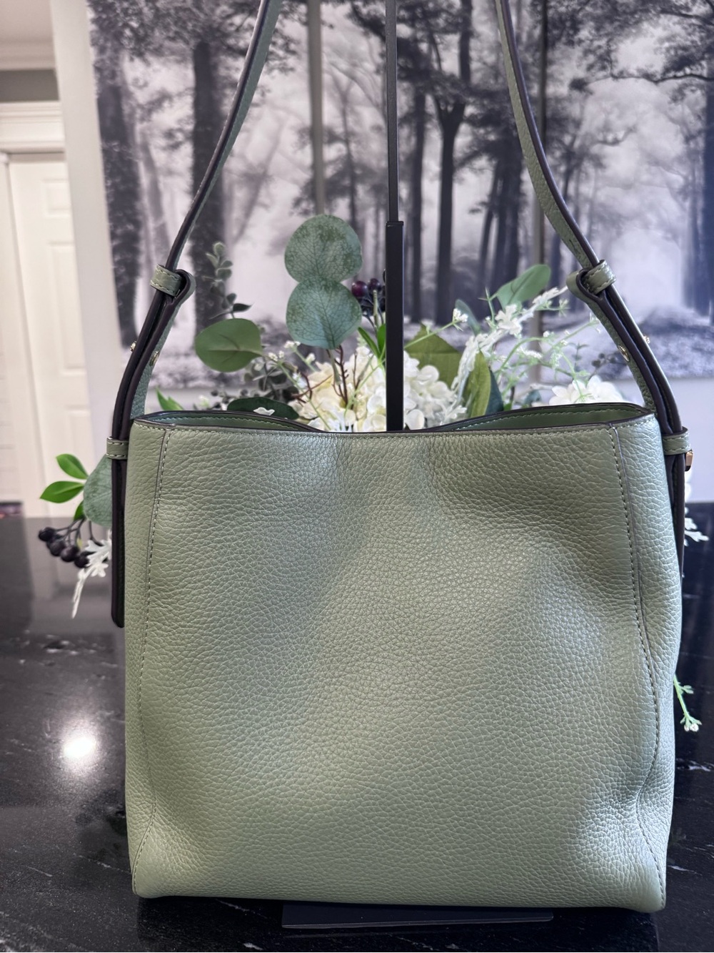 🍃Kate Spade Sage Green Juliette Medium Bucket Bag Pebbled Leather - Picture 2 of 13